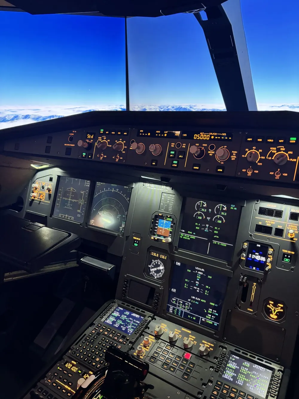 Cabina del simulador A320 en crucero durante el curso de miedo a volar en Mijas